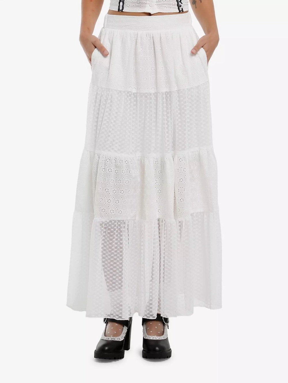 Thorn & Fable White Eyelet & Lace Tiered Midi Skirt White Size Small NEW
